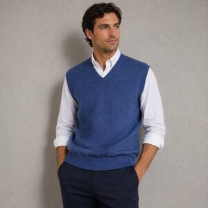 Mario Gilberti Mens XL Blue V-Neck Sweater Vest Made in Italy Heathered Wool
